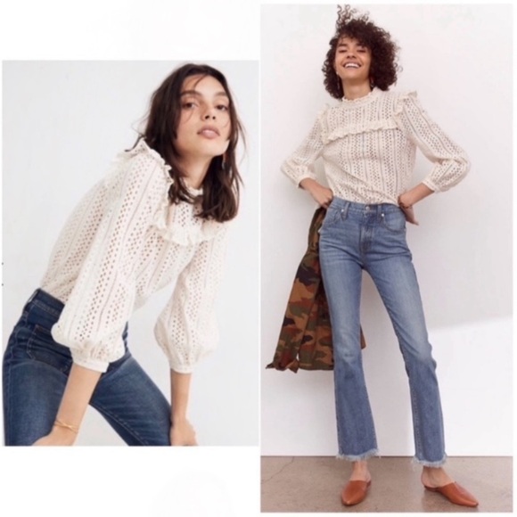 MADEWELL Eyelet Mockneck Ruffle Flowy Top Blouses In Cream Size XS Style#J9660 - Picture 2 of 8